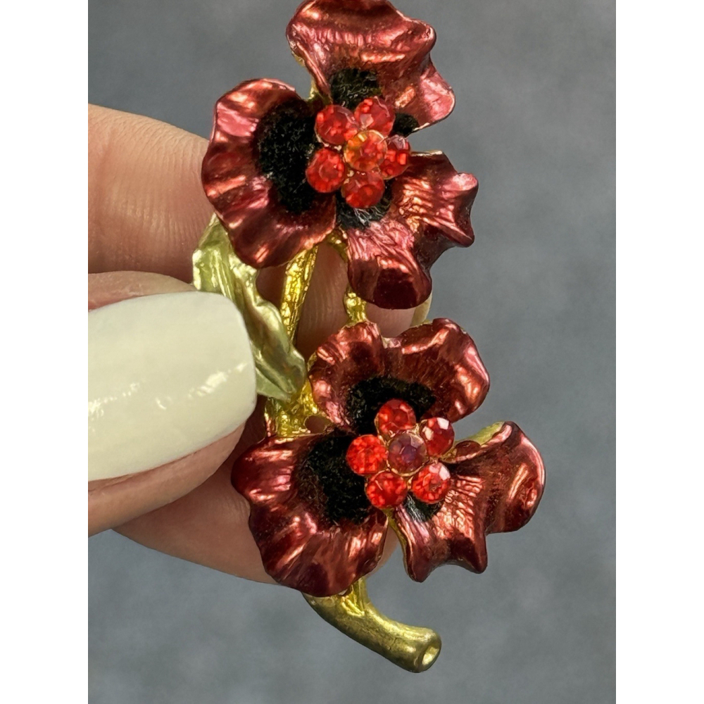 Vintage Enamel Red Rhinestone Flower Floral Jewelry Brooch Pin Good Toned - Picture 2 of 10